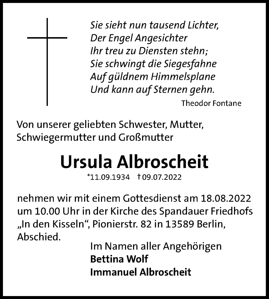  Traueranzeige für Ursula Albroscheit vom 06.08.2022 aus Berliner Woche / Spandauer Volksblatt