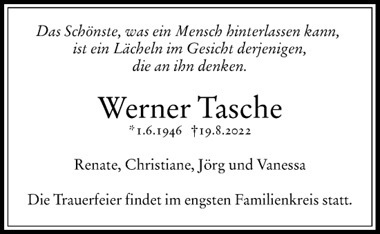 Traueranzeige von Werner Tasche von Berliner Woche / Spandauer Volksblatt