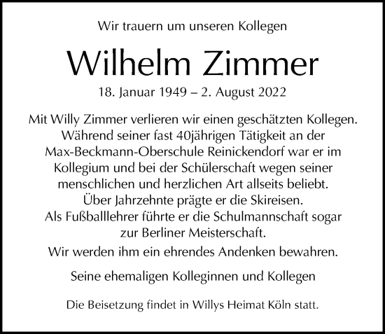 Traueranzeige von Wilhelm Zimmer von Berliner Morgenpost