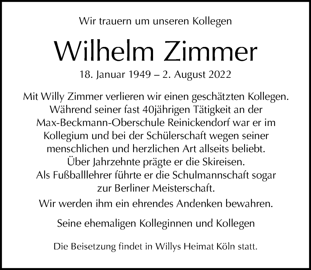  Traueranzeige für Wilhelm Zimmer vom 14.08.2022 aus Berliner Morgenpost