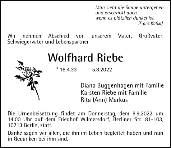 Traueranzeige von Wolfhard Riebe von Berliner Morgenpost