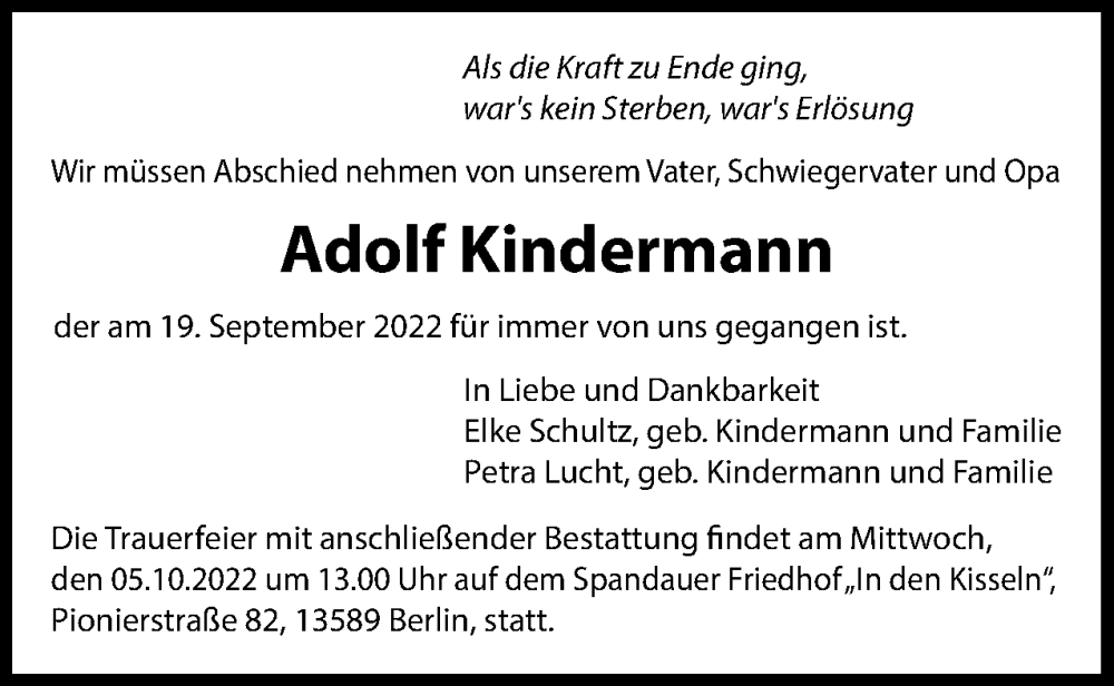  Traueranzeige für Adolf Kindermann vom 01.10.2022 aus Berliner Woche / Spandauer Volksblatt