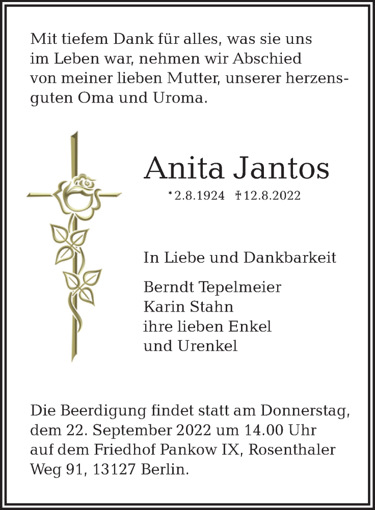  Traueranzeige für Anita Jantos vom 17.09.2022 aus Berliner Woche / Spandauer Volksblatt