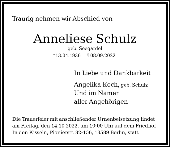 Traueranzeige von Anneliese Schulz von Berliner Woche / Spandauer Volksblatt