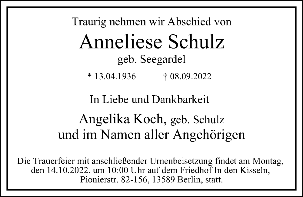  Traueranzeige für Anneliese Schulz vom 25.09.2022 aus Berliner Morgenpost