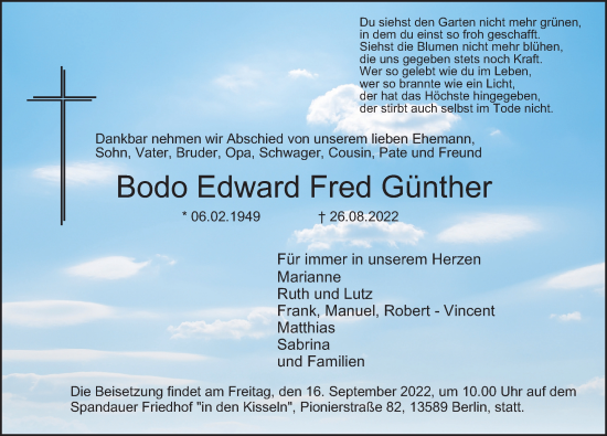 Traueranzeige von Bodo Edward Fred Günther von Berliner Morgenpost