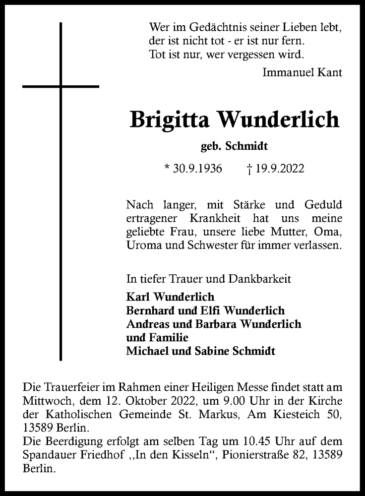  Traueranzeige für Brigitta Wunderlich vom 01.10.2022 aus Berliner Woche / Spandauer Volksblatt