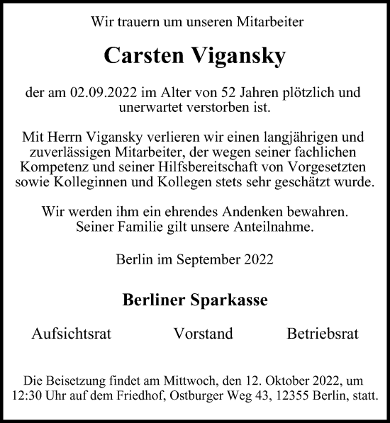 Traueranzeige von Carsten Vigansky von Berliner Morgenpost