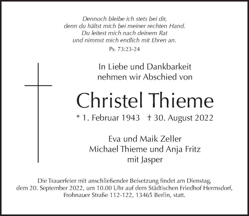  Traueranzeige für Christel Thieme vom 11.09.2022 aus Berliner Morgenpost