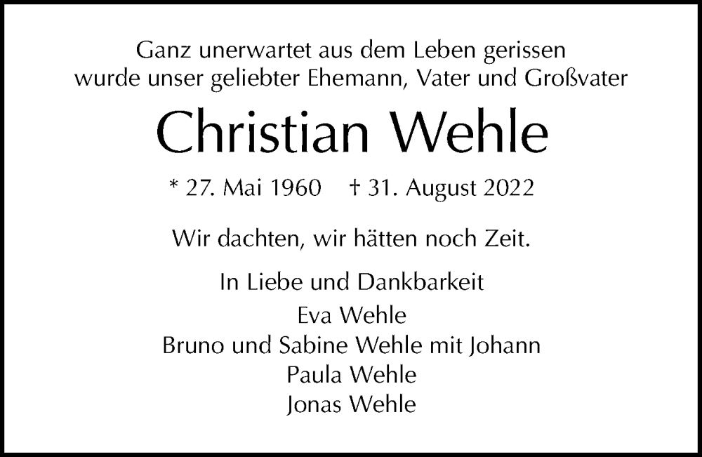  Traueranzeige für Christian Wehle vom 11.09.2022 aus Berliner Morgenpost
