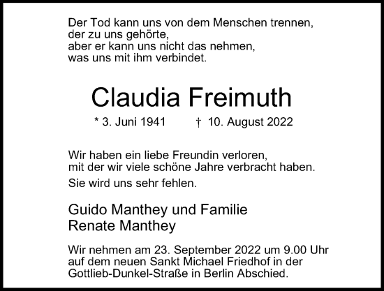 Traueranzeige von Claudia Freimuth von Berliner Morgenpost