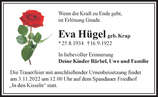 Traueranzeige von Eva Hügel von Berliner Woche / Spandauer Volksblatt