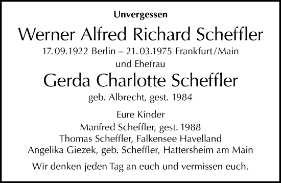 Traueranzeige von Gerda Charlotte Scheffler von Berliner Morgenpost