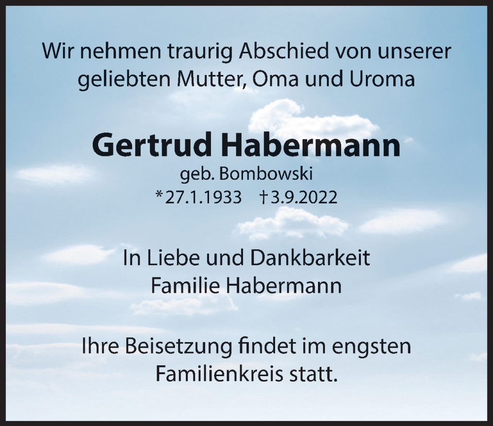 Traueranzeige für Gertrud Habermann vom 17.09.2022 aus Berliner Woche / Spandauer Volksblatt
