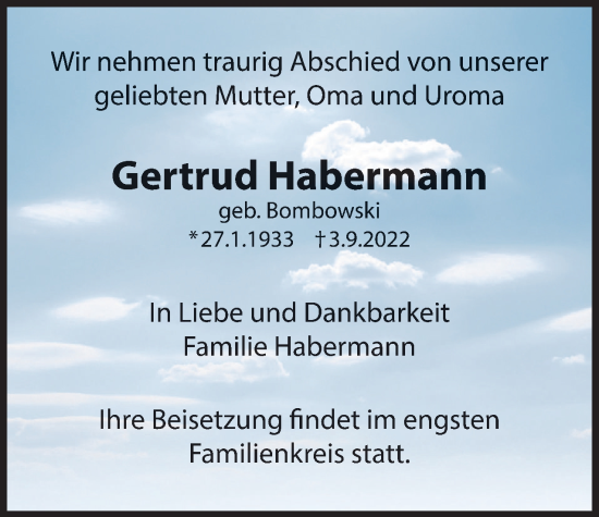 Traueranzeige von Gertrud Habermann von Berliner Woche / Spandauer Volksblatt