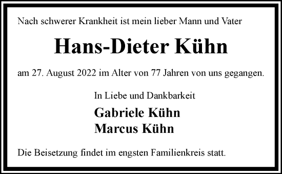 Traueranzeige von Hans-Dieter Kühn von Berliner Woche / Spandauer Volksblatt