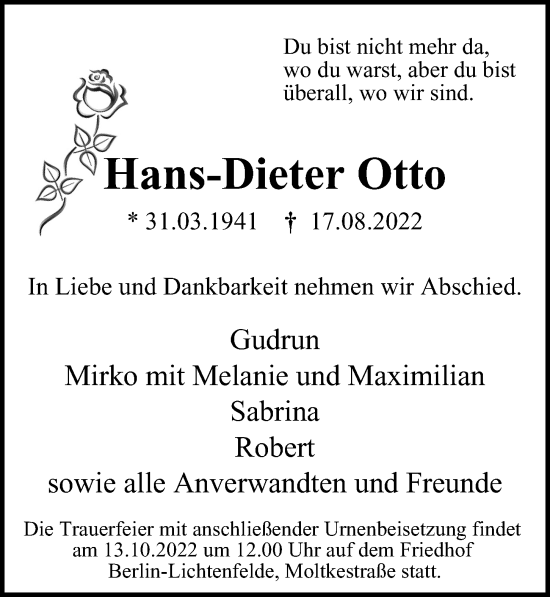 Traueranzeige von Hans-Dieter Otto von Berliner Morgenpost