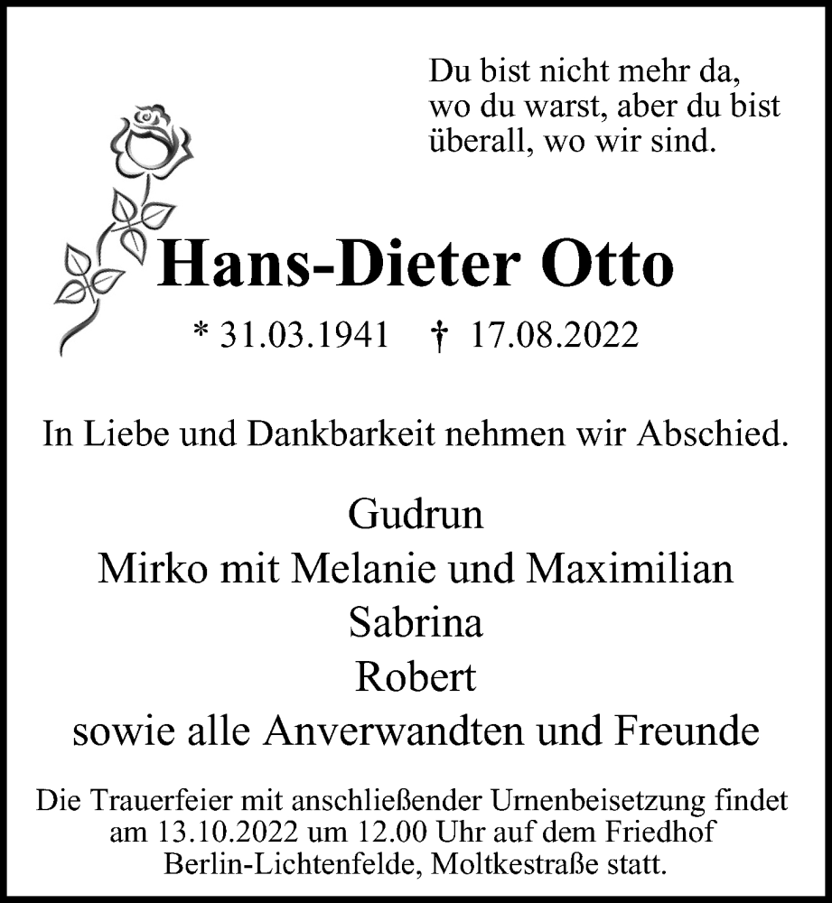  Traueranzeige für Hans-Dieter Otto vom 17.09.2022 aus Berliner Morgenpost
