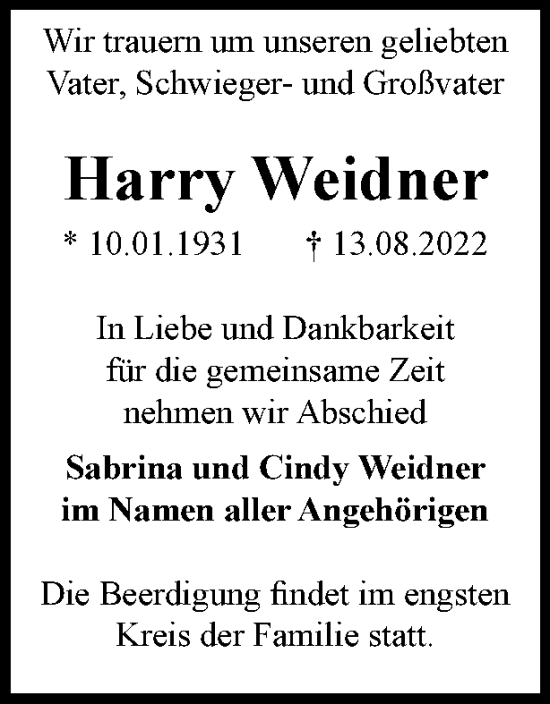 Traueranzeige von Harry Weidner von Berliner Woche / Spandauer Volksblatt