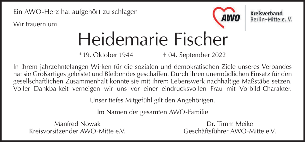  Traueranzeige für Heidemarie Fischer vom 11.09.2022 aus Berliner Morgenpost