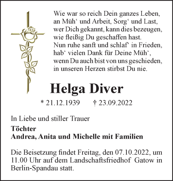 Traueranzeige von Helga Diver von Berliner Woche / Spandauer Volksblatt