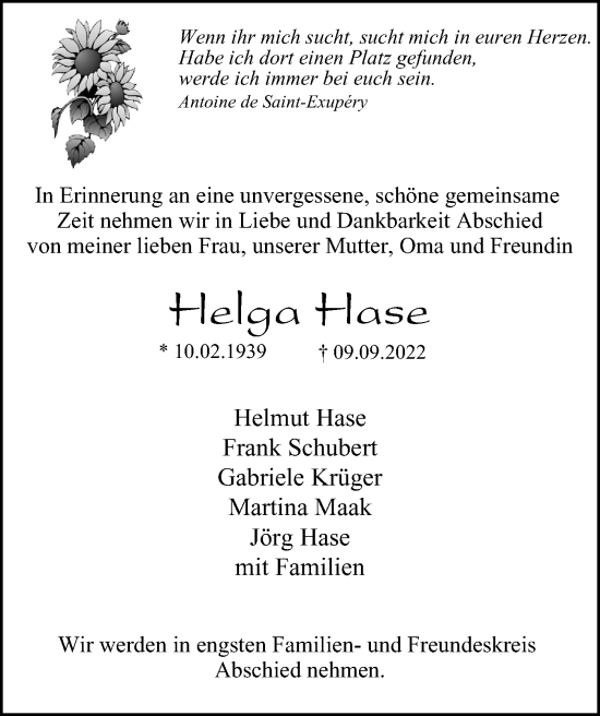 Traueranzeige von Helga Hase von Berliner Morgenpost