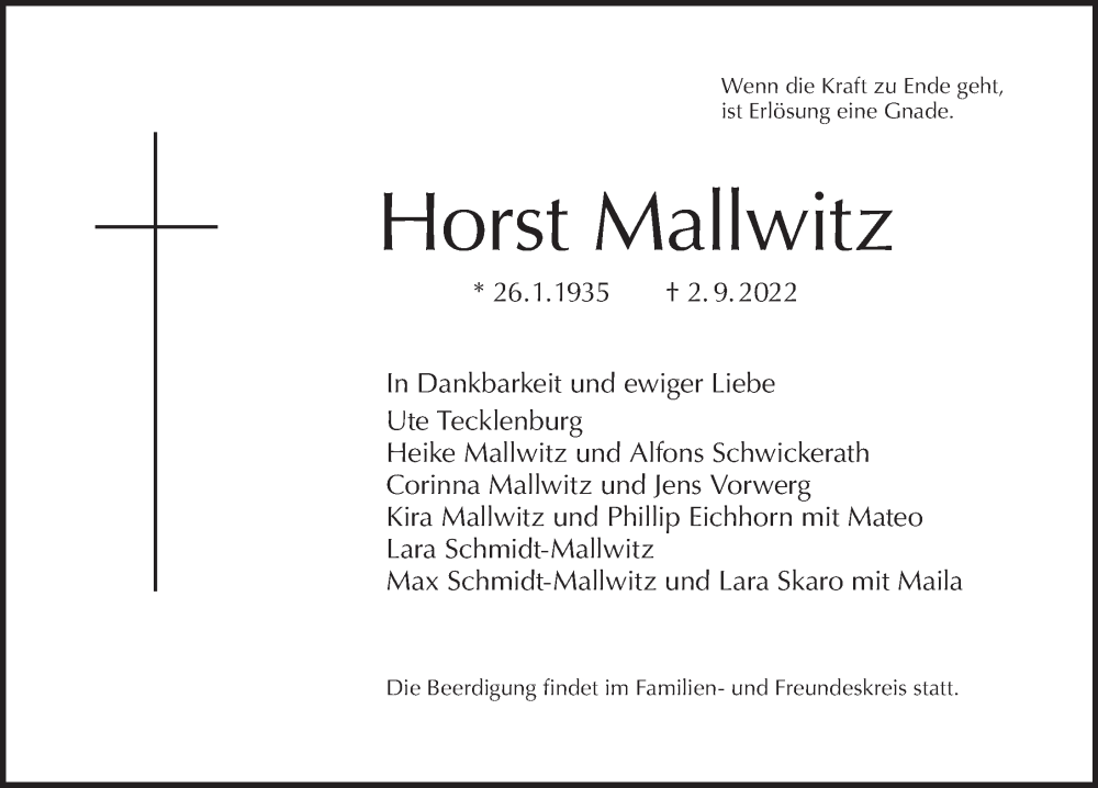 Traueranzeige für Horst Mallwitz vom 18.09.2022 aus Berliner Morgenpost