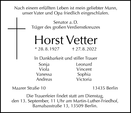 Traueranzeige von Horst Vetter von Berliner Morgenpost