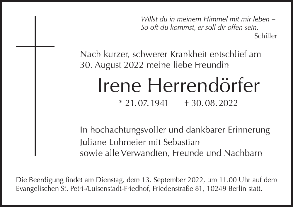  Traueranzeige für Irene Herrendörfer vom 11.09.2022 aus Berliner Morgenpost