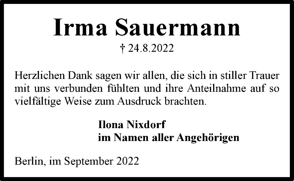  Traueranzeige für Irma Sauermann vom 17.09.2022 aus Berliner Woche / Spandauer Volksblatt