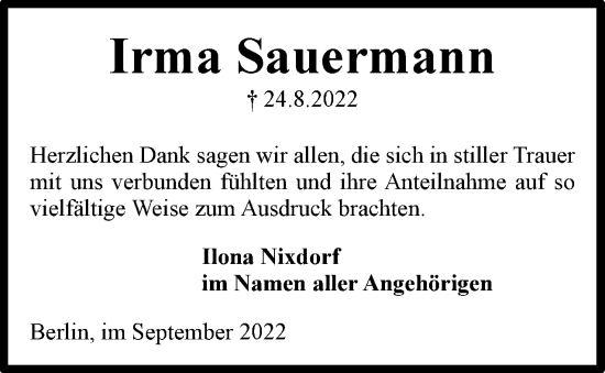 Traueranzeige von Irma Sauermann von Berliner Woche / Spandauer Volksblatt