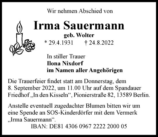 Traueranzeige von Irma Sauermann von Berliner Woche / Spandauer Volksblatt