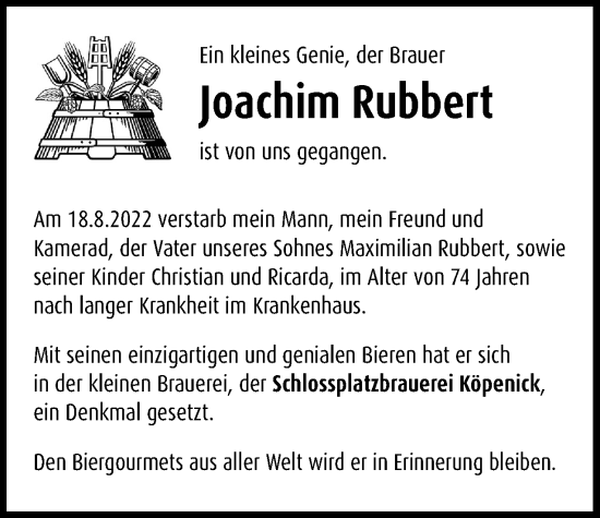 Traueranzeige von Joachim Rubbert von Berliner Woche / Spandauer Volksblatt