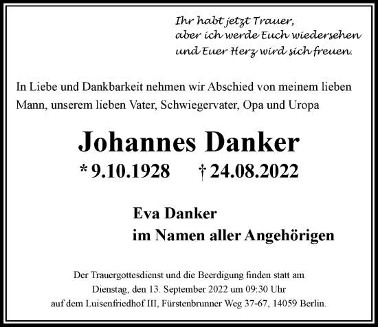 Traueranzeige von Johannes Danker von Berliner Woche / Spandauer Volksblatt