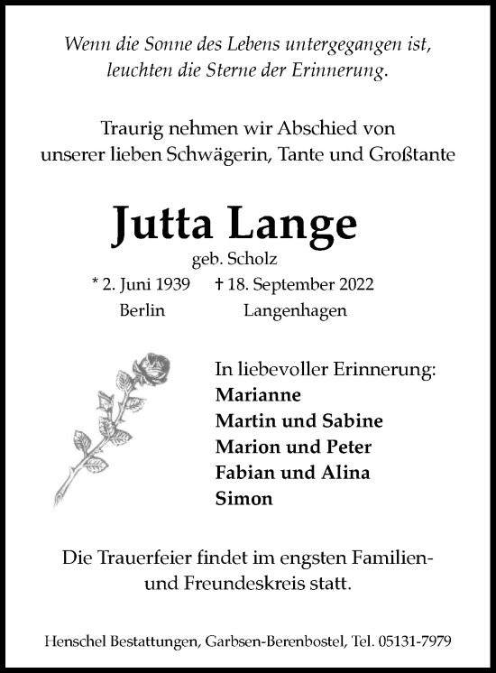 Traueranzeige von Jutta Lange von Berliner Woche / Spandauer Volksblatt