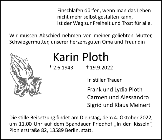Traueranzeige von Karin Ploth von Berliner Woche / Spandauer Volksblatt