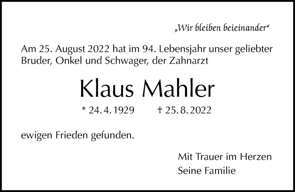  Traueranzeige für Klaus Mahler vom 18.09.2022 aus Berliner Morgenpost