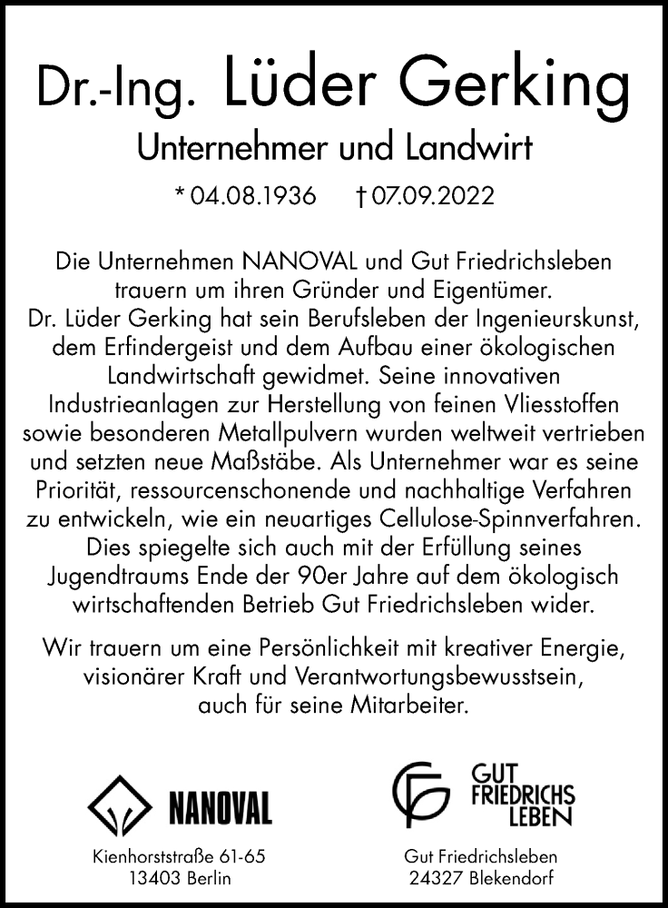  Traueranzeige für Lüder Gerking vom 18.09.2022 aus Berliner Morgenpost