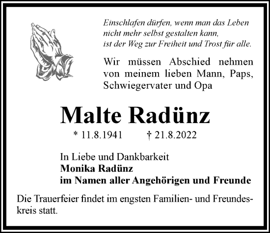 Traueranzeige von Malte Radünz von Berliner Woche / Spandauer Volksblatt