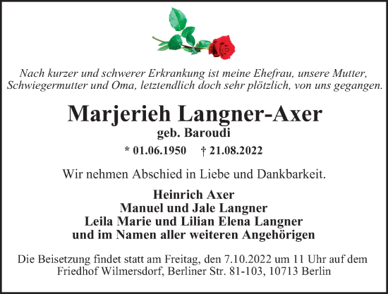 Traueranzeige von Marjerieh Langner-Axer von Berliner Morgenpost