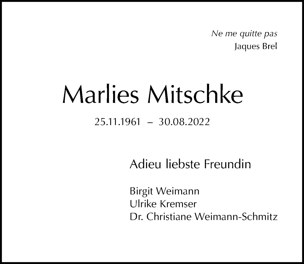  Traueranzeige für Marlies Mitschke vom 11.09.2022 aus Berliner Morgenpost