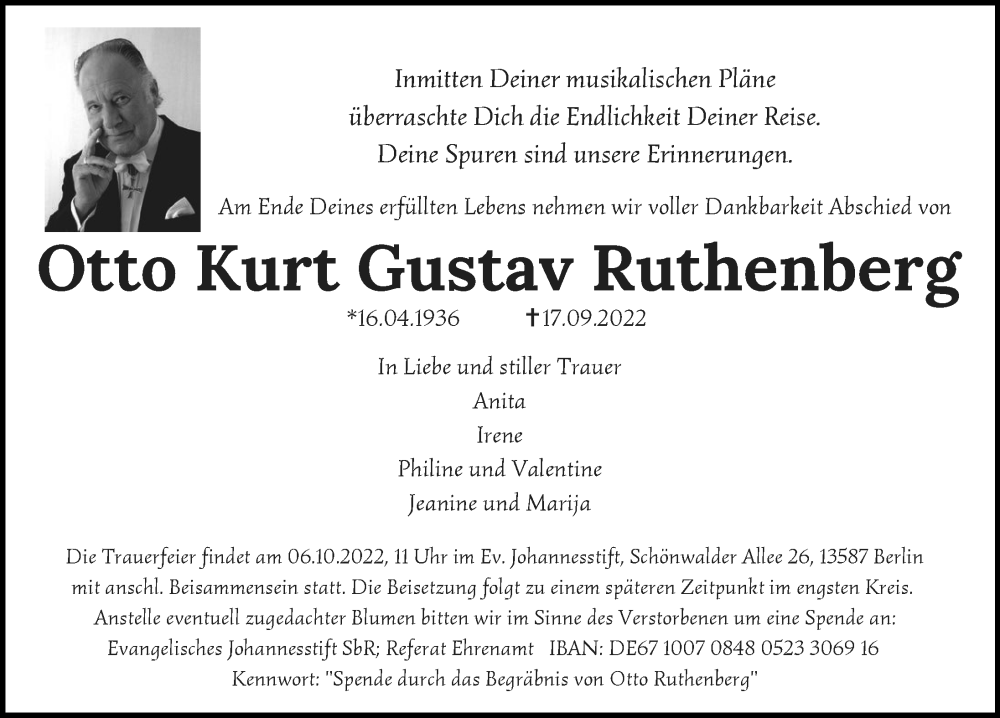  Traueranzeige für Otto Kurt Gustav Ruthenberg vom 25.09.2022 aus Berliner Morgenpost
