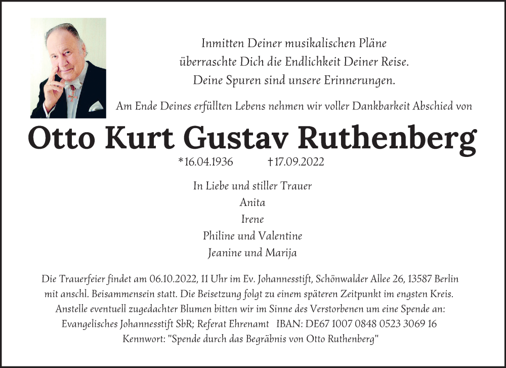  Traueranzeige für Otto Kurt Gustav Ruthenberg vom 24.09.2022 aus Berliner Woche / Spandauer Volksblatt