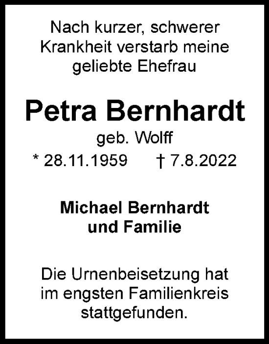 Traueranzeige von Petra Bernhardt von Berliner Woche / Spandauer Volksblatt