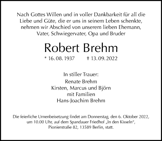 Traueranzeige von Robert Brehm von Berliner Morgenpost