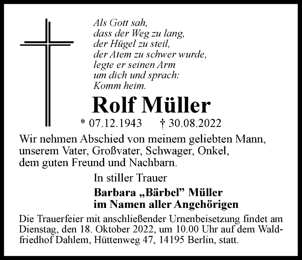  Traueranzeige für Rolf Müller vom 24.09.2022 aus Berliner Woche / Spandauer Volksblatt