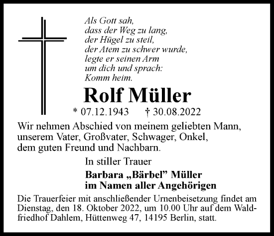 Traueranzeige von Rolf Müller von Berliner Woche / Spandauer Volksblatt