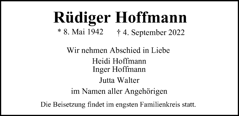  Traueranzeige für Rüdiger Hoffmann vom 18.09.2022 aus Berliner Morgenpost
