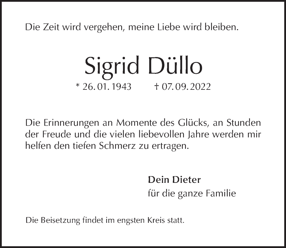  Traueranzeige für Sigrid Düllo vom 18.09.2022 aus Berliner Morgenpost