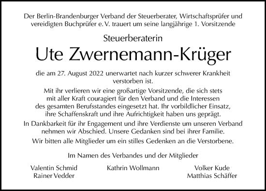 Traueranzeige von Ute Zwernemann-Krüger von Berliner Morgenpost